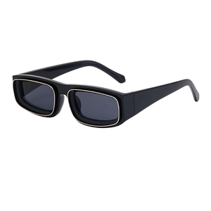 Men's rectangular black sunglasses with gold frame trim and grey lenses for outdoor style