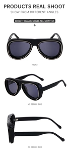 Vues sous trois angles de lunettes de soleil pilote noir et or avec verres gris