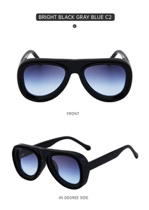 Vues de face et à 45 degrés de lunettes aviateur avec monture noir brillant et verres bleu-gris