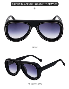Vues de face et de profil de lunettes aviateur noires avec verres gris dégradés