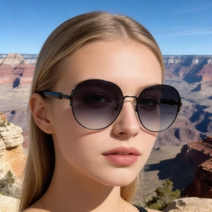 Close-up of oversized round sunglasses with purple gradient lenses and web detail