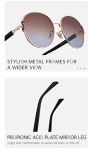 Detail of trendy round metal sunglasses showing gradient lenses and sleek black temples