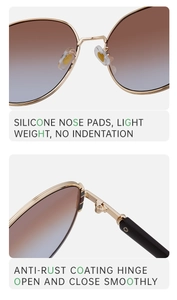 Detail of silicone nose pads and anti-rust metal hinges on modern sunglasses