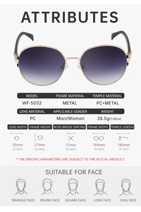 Detailed size specifications for large frame gradient sunglasses with gold metal frame