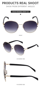 Three-view detail of gold metal round sunglasses with grey gradient lenses and black temples