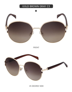 Front and side view of gold metal round sunglasses with brown gradient lenses