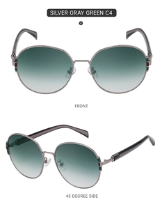 Detail of silver gray metal frame sunglasses with gradient lenses and striped temples