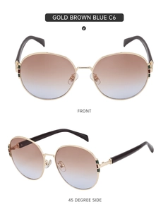 Detailed macro view of gold metal frames and striped hinge design on gradient sunglasses