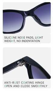 Detailed view of soft silicone nose pads and durable rustproof hinges on sunglasses