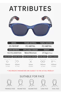 Detailed size chart for polarized sunglasses ZS-98153P with PC and metal frame