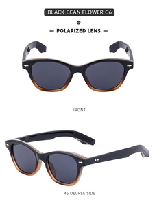 Front and 45-degree side view of vintage polarized sunglasses in black tea gradient