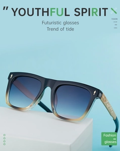 Detail of square polarized sunglasses with amber gradient frame and blue tinted lenses