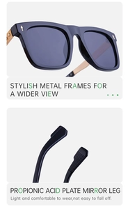 Detail of square polarized sunglasses with stylish metal frames and propionic acid tips