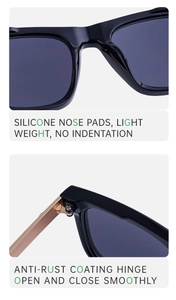Detail of silicone nose pads and rust-resistant metal hinges on black sunglasses