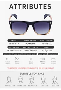 Detailed size guide for TAC polarized square sunglasses with frame and lens measurements