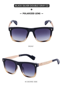 Detailed views of polarized lenses and gold engraved metal temples on gradient sunglasses