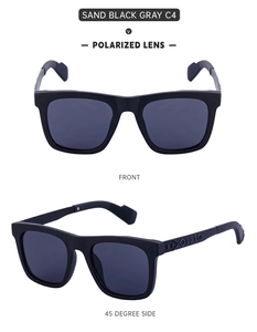 Detailed views of sand black polarized sunglasses with embossed geometric patterns