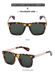 Close-up of polarized G15 green lenses and engraved gold metal temples on tortoise frame