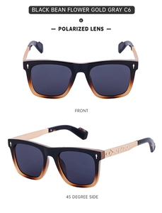 Detail of square polarized sunglasses with engraved gold metal temples and C6 gray lenses