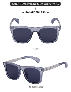 Detail view of polarized lenses with matte grey frames and decorative metal temples