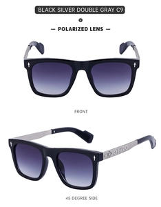 Detail of square polarized sunglasses with engraved silver temples and grey gradient lenses