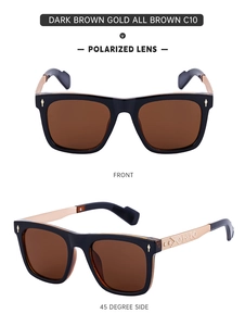 Detail view of polarized dark brown sunglasses with vintage gold embossed metal temples