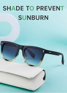 Detail of square polarized cat eye sunglasses with metal rivets and gradient blue lenses