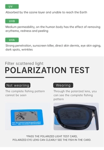 Detailed view of polarized black sunglasses lens with UV protection and test card