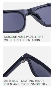 Detail of polarized sunglasses showing integrated silicone nose pads and smooth metal hinges