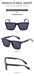 Three-angle views of bright black gold polarized sunglasses with grey lenses