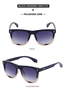 Detail view of polarized cat-eye sunglasses with gradient frames and silver rivet accents