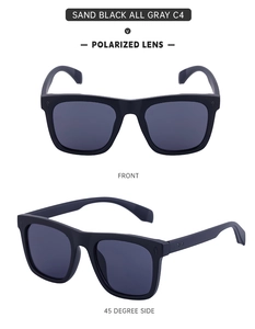 Detailed front and 45-degree side views of square matte black polarized sunglasses