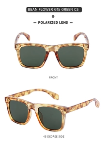 Front and 45-degree side views of tortoise shell polarized sunglasses with G15 green lenses