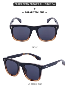 Close-up of black and amber gradient square polarized sunglasses with golden details