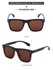Detail view of dark brown polarized sunglasses with gold rivets and C10 frame model