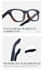 Detail of blue eyeglass frames showing star-shaped metal rivets and anti-slip temple texture