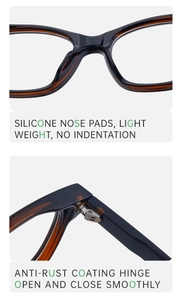 Detail of tortoise eyeglasses featuring silicone nose pads and rust-proof metal hinges