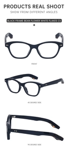 Three-view layout of black cat eye sunglasses with tortoise shell temple tips details
