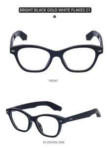 Close-up of bright black cat-eye frame with gold arrow metal detail on temple