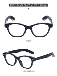 Detailed front and side view of cat-eye frames with silver rivets and polished black finish