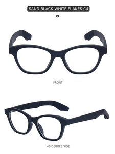 Front and side view of sand black cat eye sunglasses with white flakes for women