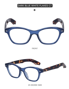 Front and side view of dark blue cat-eye optical frames with tortoise shell temples