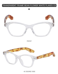 Front and 45-degree side views of C8 transparent cat-eye glasses with tortoiseshell temples