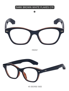 Detailed front and side views of dark brown white flake cat-eye vintage sunglasses frames