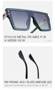 Detail of dark green tortoiseshell texture frame and metallic design on rectangle sunglasses