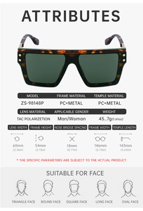 Polarized sunglasses size chart with detailed measurements of PC metal frame and TAC lenses