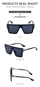 Three views of black square polarized sunglasses with gold metal temple details