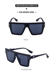 Polarized matte black sunglasses with decorative silver rivets and hollowed temple design