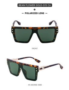 Detail view of tortoiseshell polarized sunglasses with hollow metal temple design