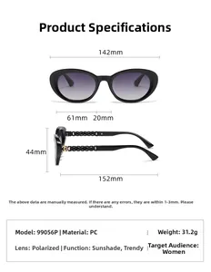 Detailed dimensions of polarized oval sunglasses with vintage PC frame and gold logo temples
